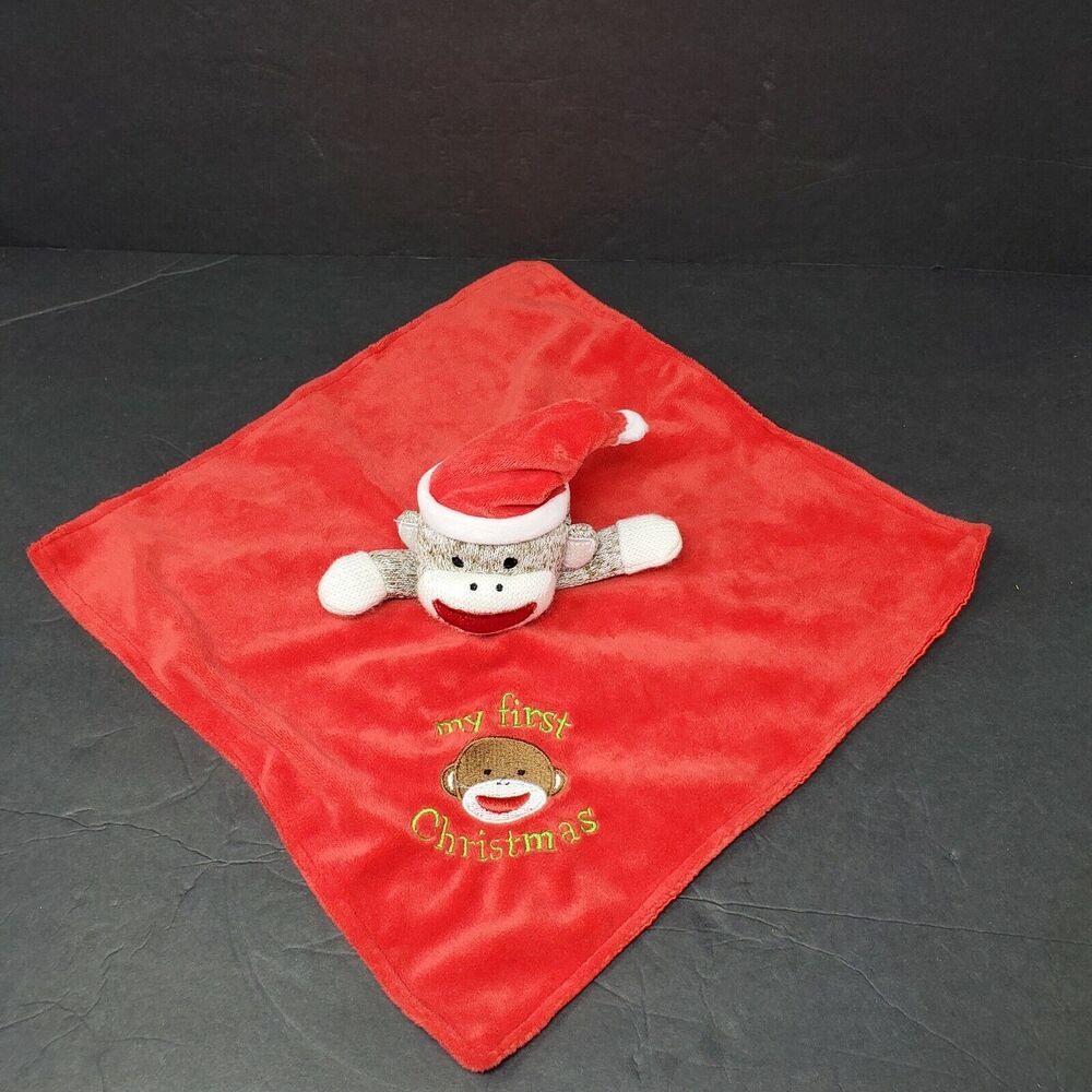 Baby Starters Lovey Sock Monkey My First Christmas Red Brown Security Blanket